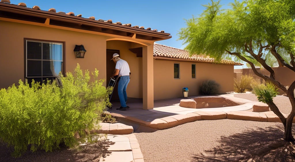 Person entering a Southwestern-style home with potential for water damage inspection.