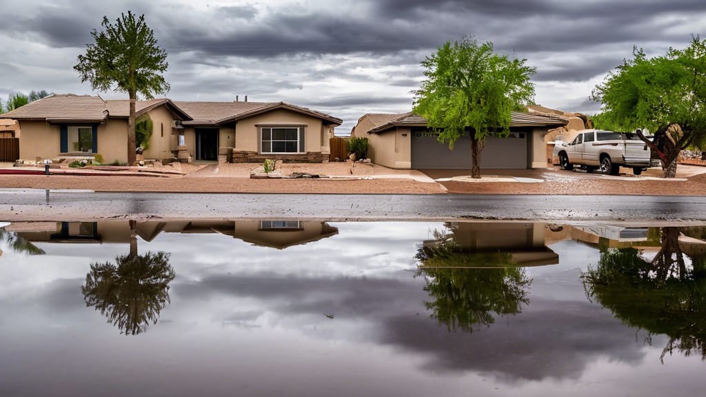 Understanding Your Insurance Coverage for Water Damage in Scottsdale 2 Houses reflected in a puddle from water damage.