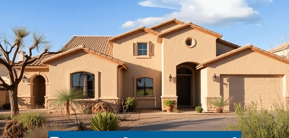 2025 Guide: Preventing Water Damage in Your Arizona Home 8 A serene Arizona home in a desert landscape, featuring a well-maintained exterior, gutters, and drainage systems, under clear skies with distant cl...