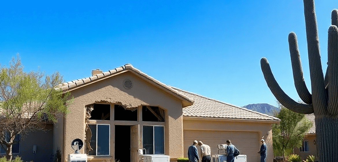 How to Choose the Best Emergency Water Damage Service in Arizona 10 A serene Arizona landscape featuring a house with water damage, restoration technicians at work, drying equipment, bright blue sky, and desert plants.