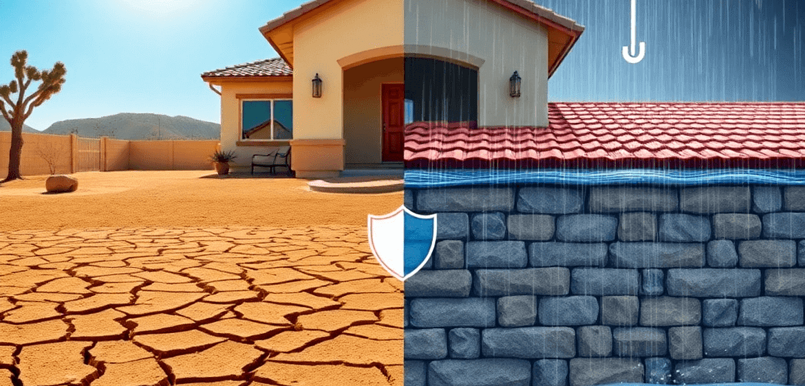 Common Causes of Water Damage in Arizona Homes and How to Prevent Them 6 A striking Arizona desert home with one side featuring dry, cracked earth and bright sunlight, while the other shows rainfall and water pooling, in...