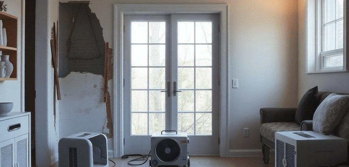 Expert Tips for Choosing a Reliable Water Damage Restoration Company 4 A serene home interior showing water-damaged areas being restored, with dehumidifiers and fans, highlighting the contrast between damaged and repai...