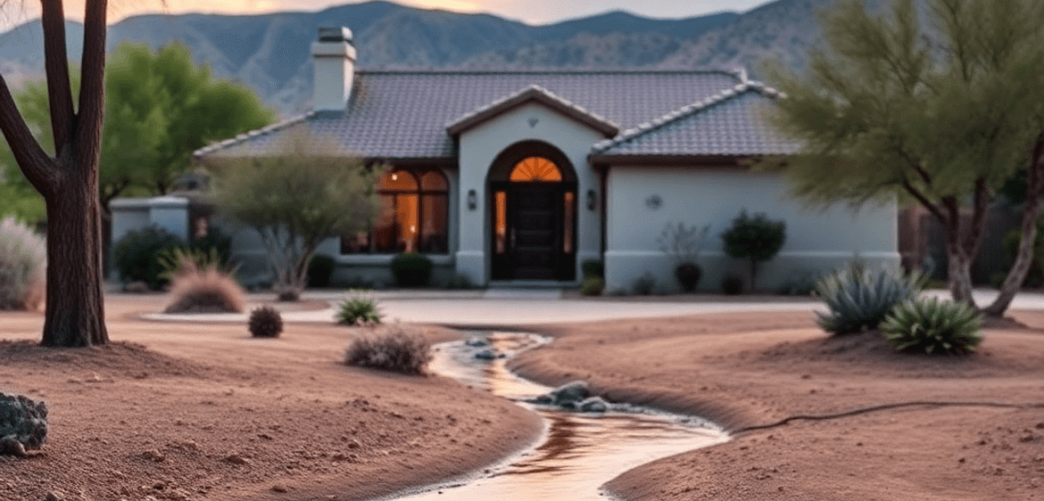 What Every Arizona Homeowner Needs to Know About Insurance and Water Damage 2 A tranquil Arizona home in a desert setting, featuring a small water element, highlighting the need for homeowners insurance against water damage.