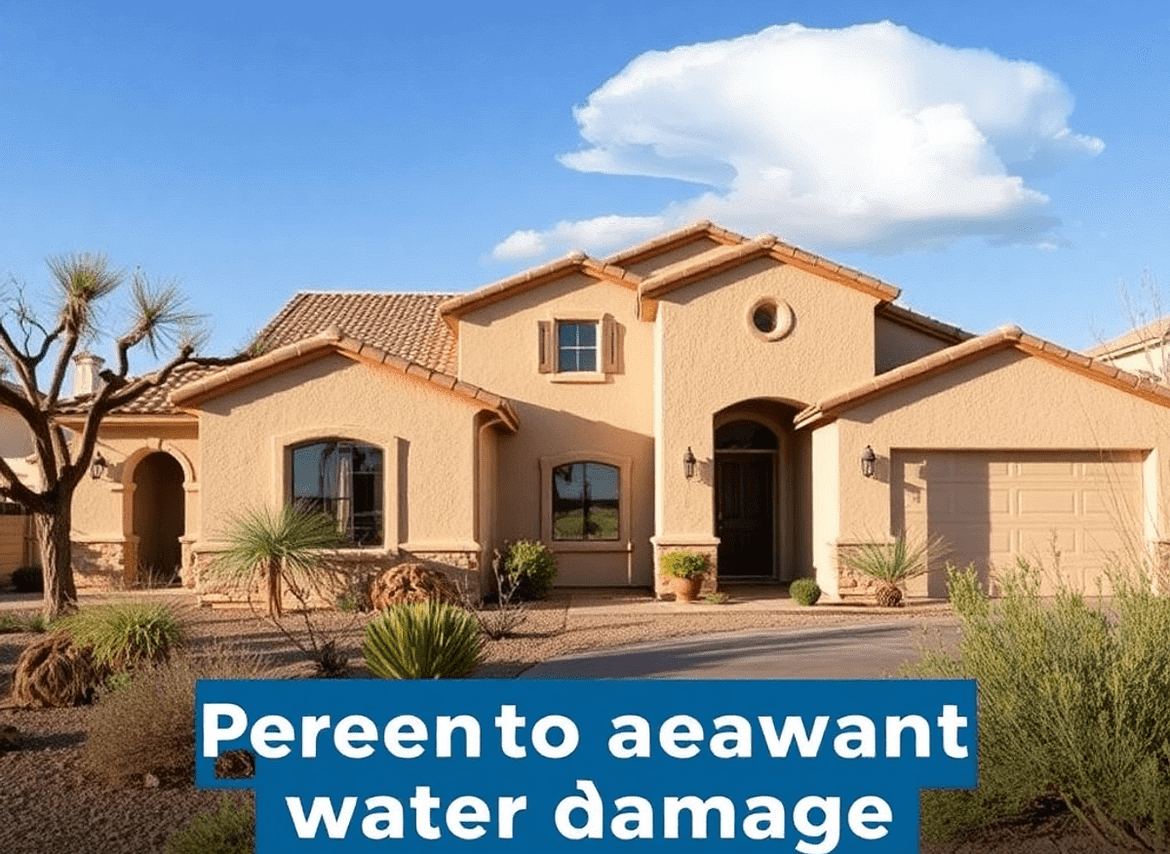 2025 Guide: Preventing Water Damage in Your Arizona Home 2 A serene Arizona home in a desert landscape, featuring a well-maintained exterior, gutters, and drainage systems, under clear skies with distant cl...