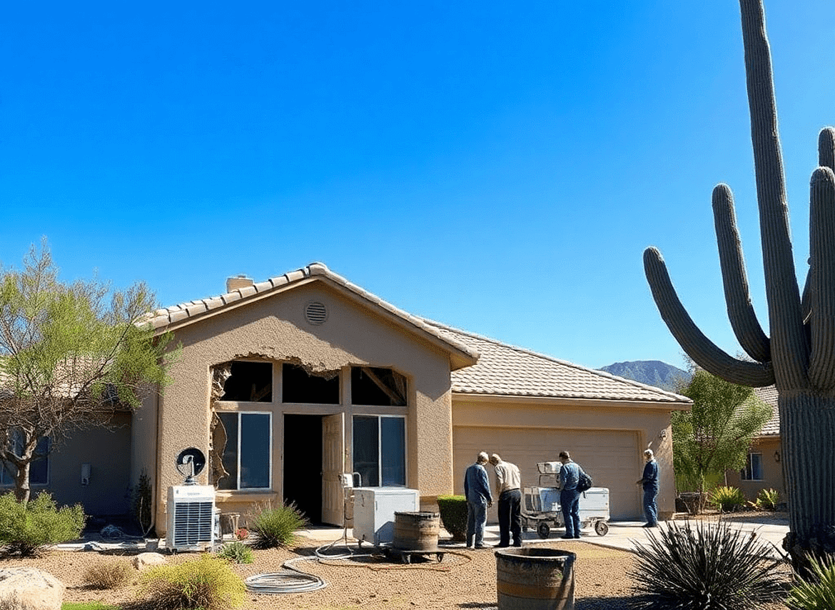 How to Choose the Best Emergency Water Damage Service in Arizona 2 A serene Arizona landscape featuring a house with water damage, restoration technicians at work, drying equipment, bright blue sky, and desert plants.
