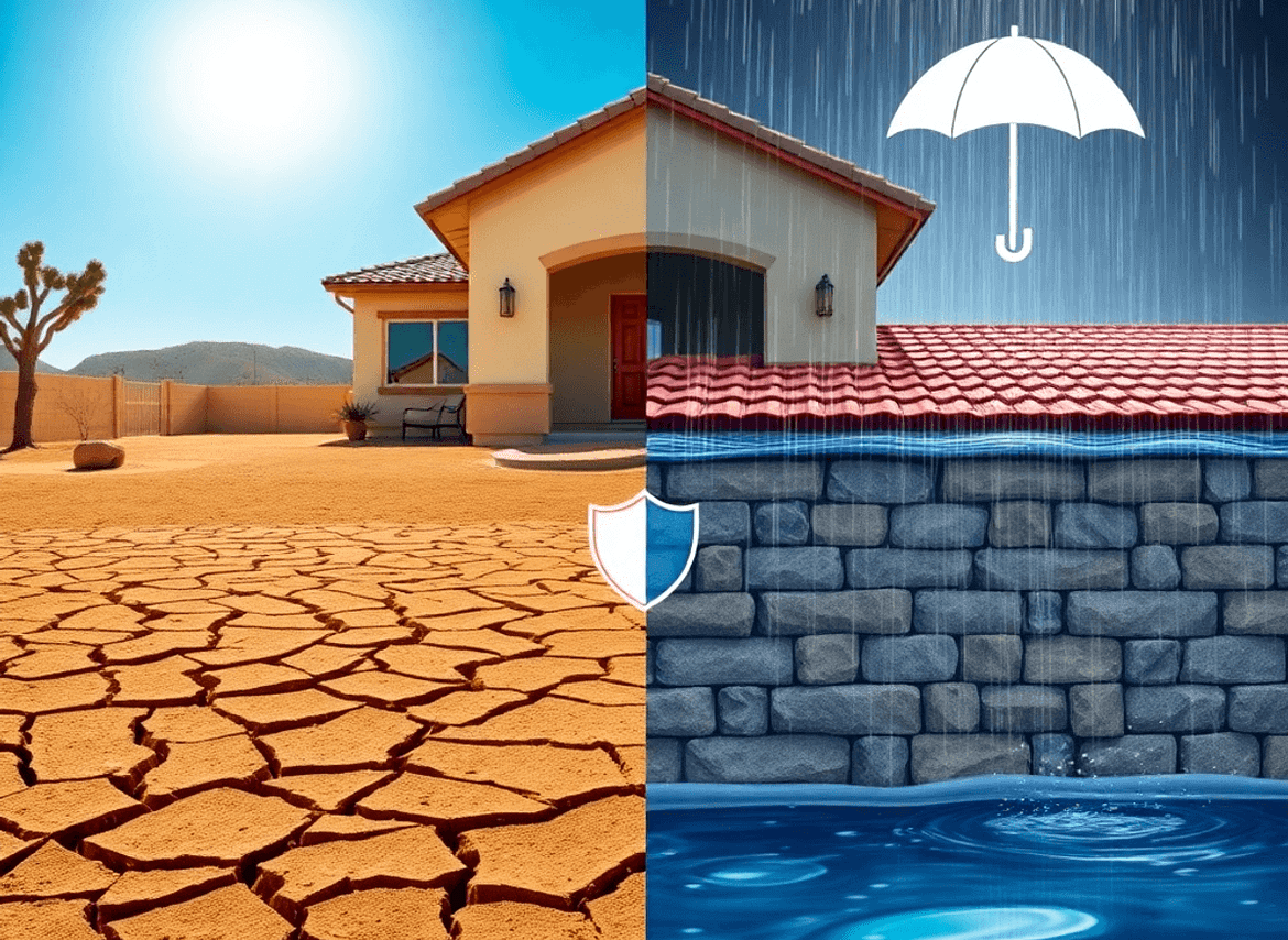 Common Causes of Water Damage in Arizona Homes and How to Prevent Them 2 A striking Arizona desert home with one side featuring dry, cracked earth and bright sunlight, while the other shows rainfall and water pooling, in...