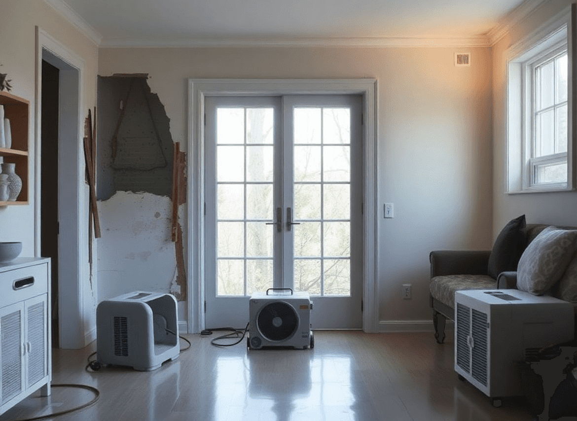 Expert Tips for Choosing a Reliable Water Damage Restoration Company 2 A serene home interior showing water-damaged areas being restored, with dehumidifiers and fans, highlighting the contrast between damaged and repai...