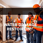 A professional water damage restoration team in safety gear assesses damage in a residential property, using advanced equipment amid wet walls and ...