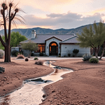 A tranquil Arizona home in a desert setting, featuring a small water element, highlighting the need for homeowners insurance against water damage.