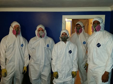 Water Damage Phoenix 2 Mold Remediation Experts in Action - Five professionals wearing protective gear inspecting and treating mold-infested areas in a residential property. Their expertise ensures safe and effective mold removal.